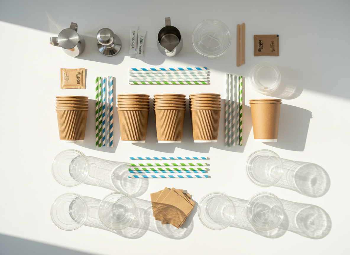 Coffee cups and cold drink cups with lids and straws