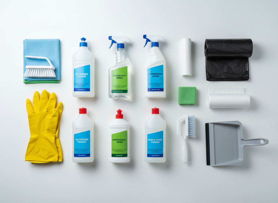 Cleaning chemicals, gloves and garbage bags